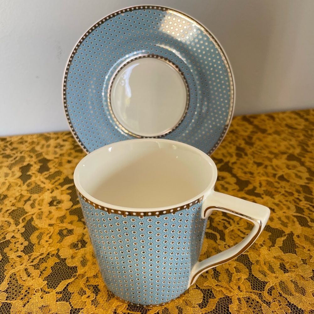 NWOT Grace's Teaware Elegant Blue and White Porcelain Cup and Saucer Set